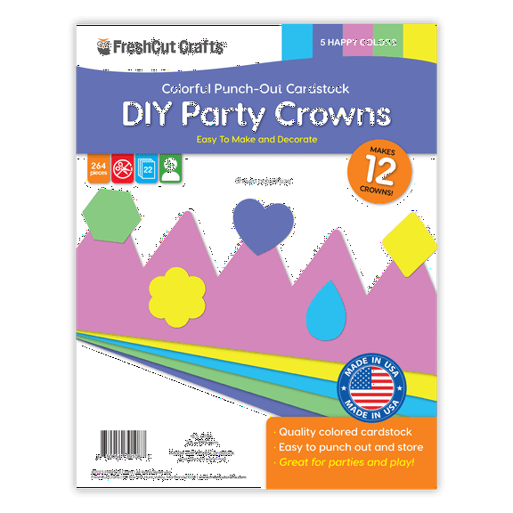 FreshCut Crafts Punch Out Paper Cutouts, DIY Party Crowns Kit, Happy Colors, Makes 12 Crowns