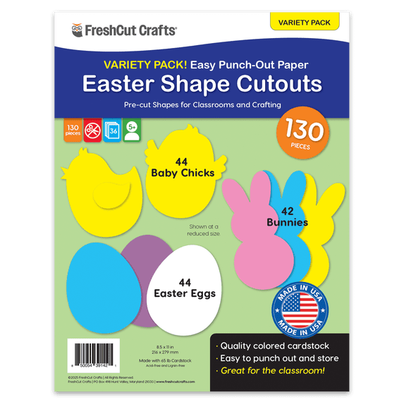 FreshCut Crafts Punch Out Paper Cutouts, Easter Shapes, Bunnies, Chicks & Eggs, 130 Pieces