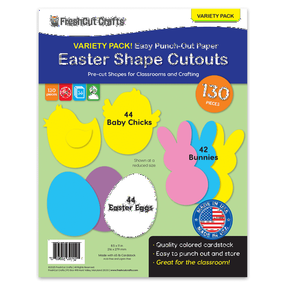 FreshCut Crafts Punch Out Paper Cutouts, Easter Shapes, Bunnies, Chicks & Eggs, 130 Pieces