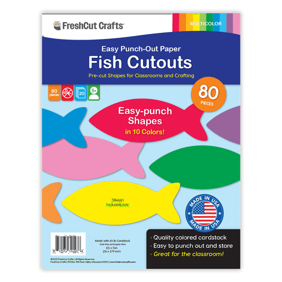 FreshCut Crafts Punch Out Paper Cutouts, Fish Shapes, Multicolor, 80 Pieces