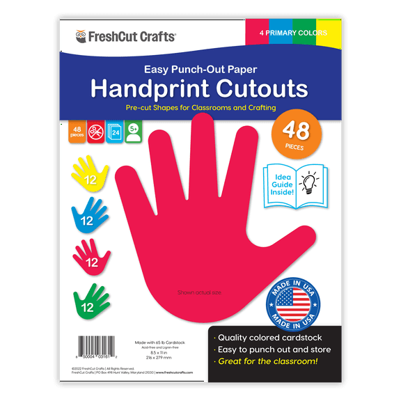 FreshCut Crafts Punch Out Paper Cutouts, Handprint Shapes, Primary Colors, 48 Pieces