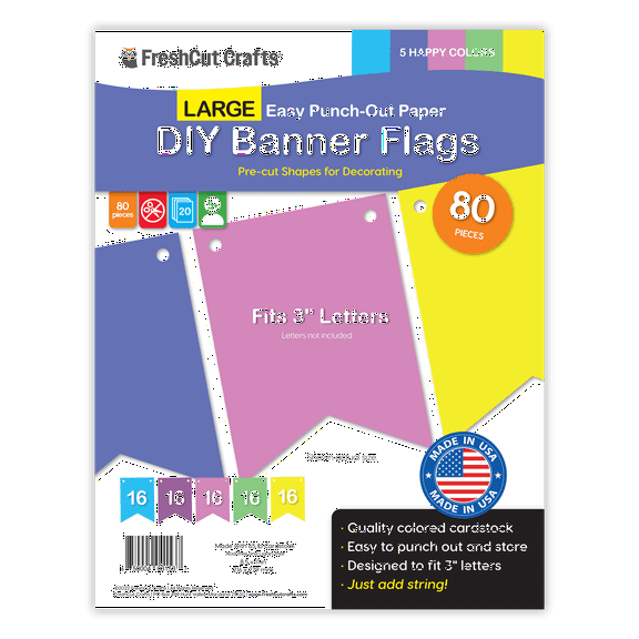 FreshCut Crafts Punch Out Paper Cutouts, Large Banner Flags, Happy Colors, 80 Pieces