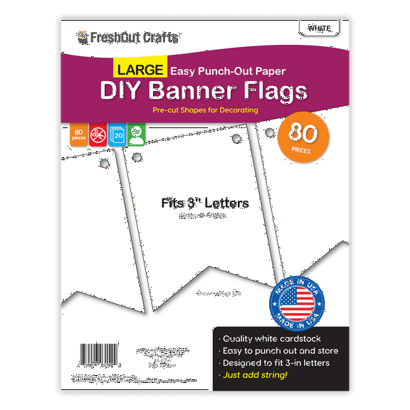 FreshCut Crafts Punch Out Paper Cutouts, Large Banner Flags, White, 80 Pieces
