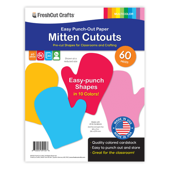 FreshCut Crafts Punch Out Paper Cutouts, Mitten Shape Cutouts, Multicolor, 60 Pieces