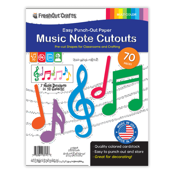 FreshCut Crafts Punch Out Paper Cutouts, Multicolor Music Notes, 70 Pieces