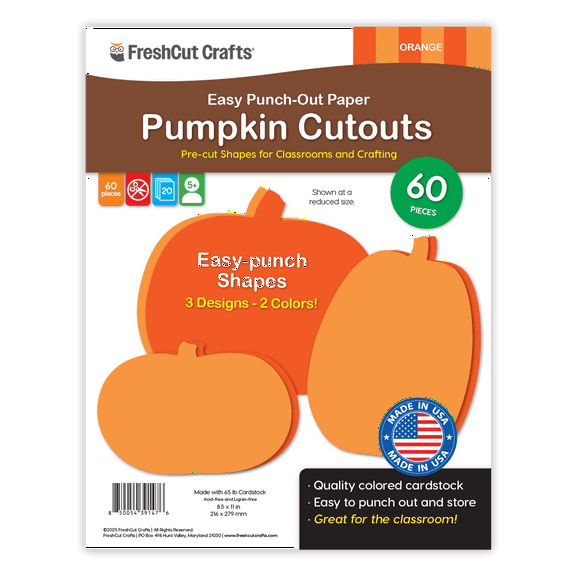 FreshCut Crafts Punch Out Paper Cutouts, Pumpkin Shapes, Shades of Orange, 60 Pieces