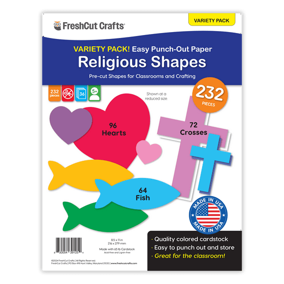 FreshCut Crafts Punch Out Paper Cutouts, Religious Shapes, Cross, Fish & Heart, 232 Pieces