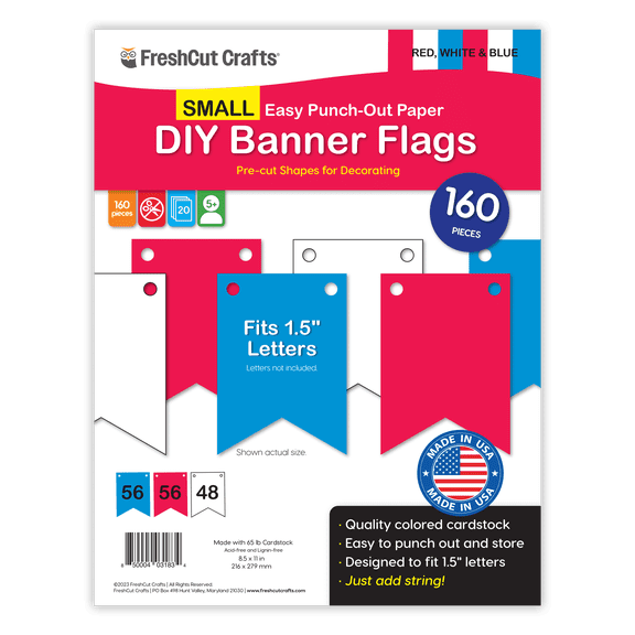 FreshCut Crafts Punch Out Paper Cutouts, Small Banner Flags, Patriotic Colors, 160 Pieces