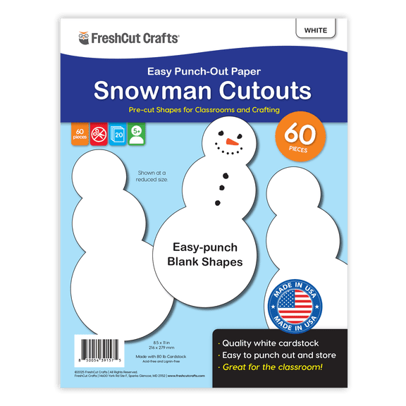 FreshCut Crafts Punch Out Paper Cutouts, Snowman Shape Cutouts, White, 60 Pieces
