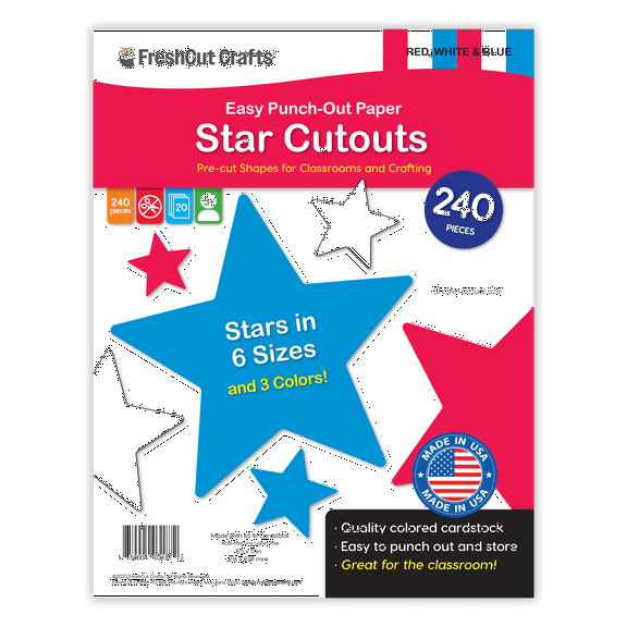 FreshCut Crafts Punch Out Paper Cutouts, Star Shapes, Red, White & Blue, 240 Pieces