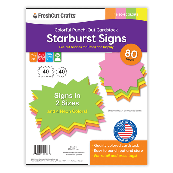 FreshCut Crafts Punch Out Paper Cutouts, Starburst Shapes, Neon, 80 Pieces