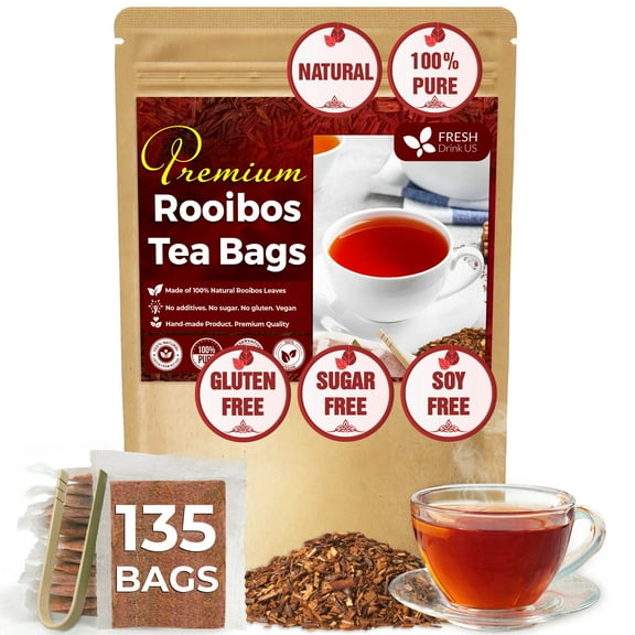 FreshDrinkUS, 135 Red Rooibos Tea Bags, 100% Natural & Pure from Rooibos Tea Leaves. Loose Leaf Rooibos Herbal Tea. Made with Natural Material Tea Bags. No Sugar, No Caffeine, No Gluten, Vegan.