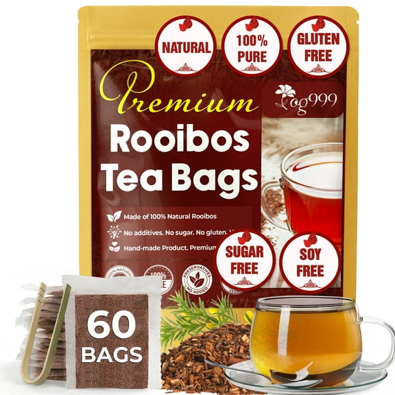 FreshDrinkUS, 60 Red Rooibos Tea Bags, 100% Natural & Pure from Rooibos Tea Leaves. Loose Leaf Rooibos Herbal Tea. Made with Natural Material Tea Bags. No Sugar, No Caffeine, No Gluten, Vegan.