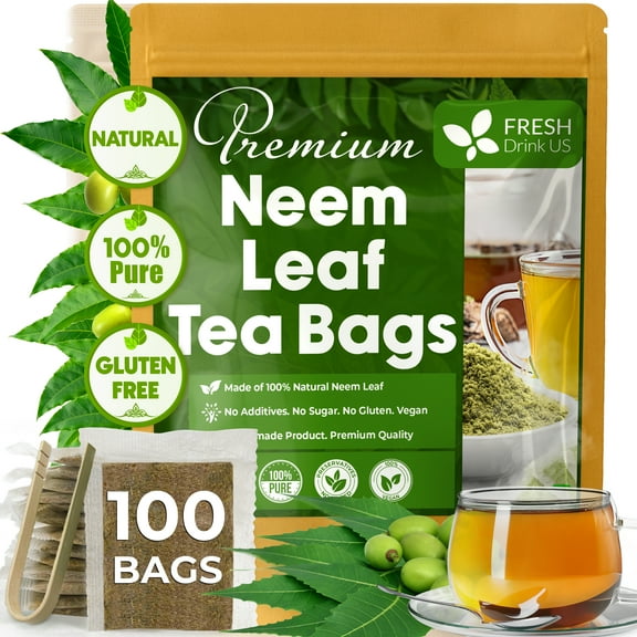 FreshDrinkUS, Premium 100 Neem Leaf Tea Bags, 100% Natural and Pure from Neem Leaves. Loose Leaf Neem Herbal Tea. Neem Leaf Tea. No Sugar, No Caffeine, No Gluten, Vegan.