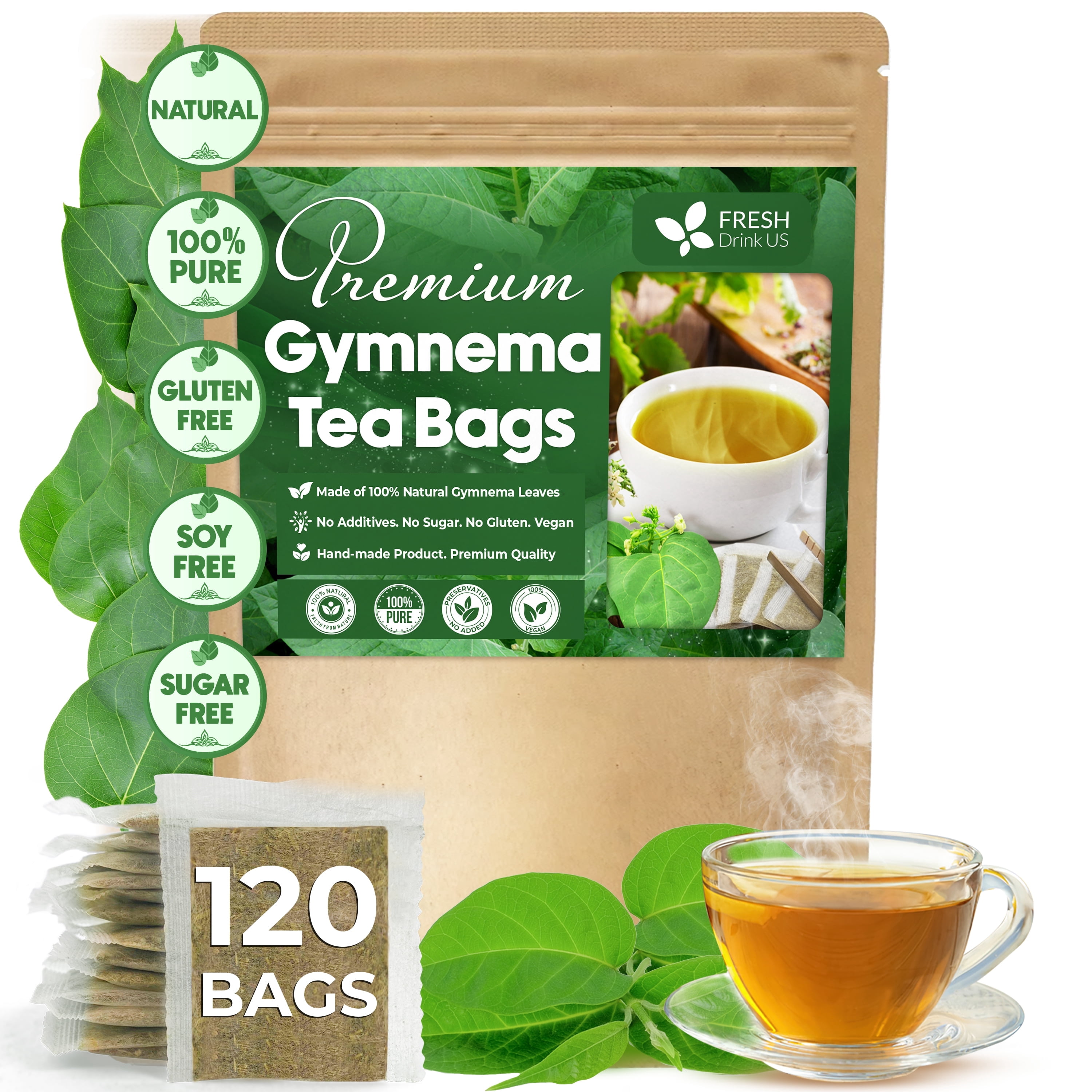 FreshDrinkUS, Premium 120 Gymnema Leaf Tea Bags, 100% Natural & Pure from Gymnema Leaves. Gymnema Tea Bags for Diabetics - COLD-DRIED for Maximum Freshness and Nutrient Retention. No Sugar, Vegan.