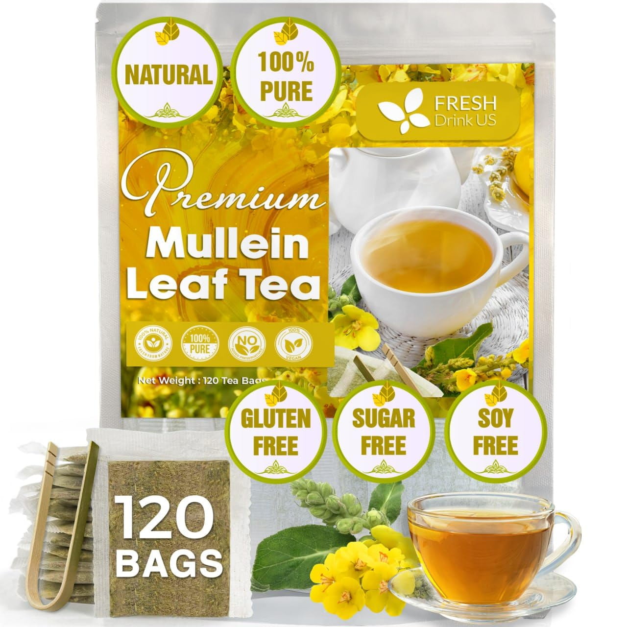 FreshDrinkUS, Premium 120 Mullein Leaf Tea Bags, 100 Natural & Pure from Mullein Leaves. Loose