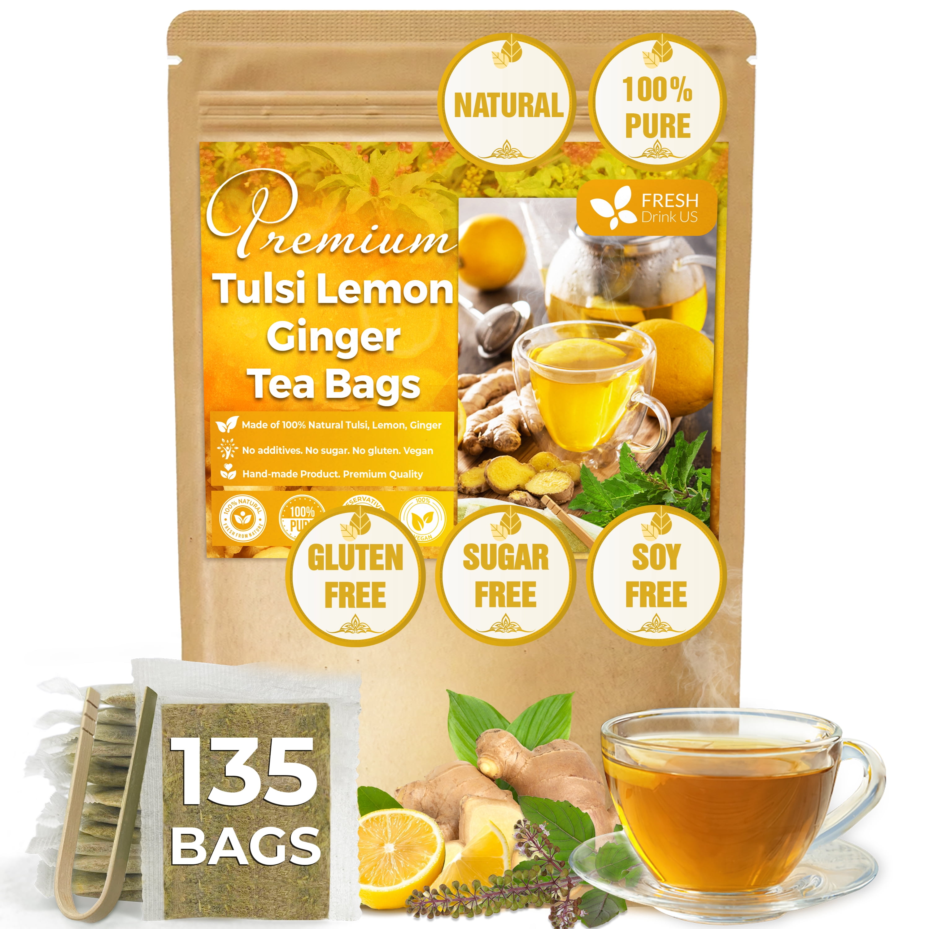 FreshDrinkUS, Premium 135 Tulsi Lemon Ginger Tea Bags, 100% Natural & Pure from Tulsi Holy Basil Leaves, Lemon and Ginger. Made with Natural Material Tea Bags. No Sugar, No Caffeine, Vegan.