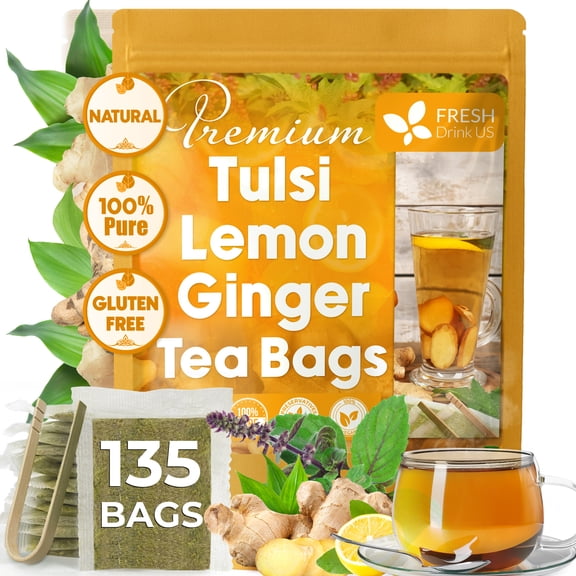 FreshDrinkUS, Premium 135 Tulsi Lemon Ginger Tea Bags, 100% Natural & Pure from Tulsi Holy Basil Leaves, Lemon and Ginger. Made with Natural Material Tea Bags. No Sugar, No Caffeine, Vegan.