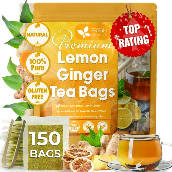 FreshDrinkUS, Premium 150 Lemon Ginger Tea Bags, 100% Natural Ingredients, Hand-made Blend of Lemon and Ginger, Eco-conscious Tea Bags. Lemon Ginger Herbal Tea. No Sugar, No Caffeine, Vegan.