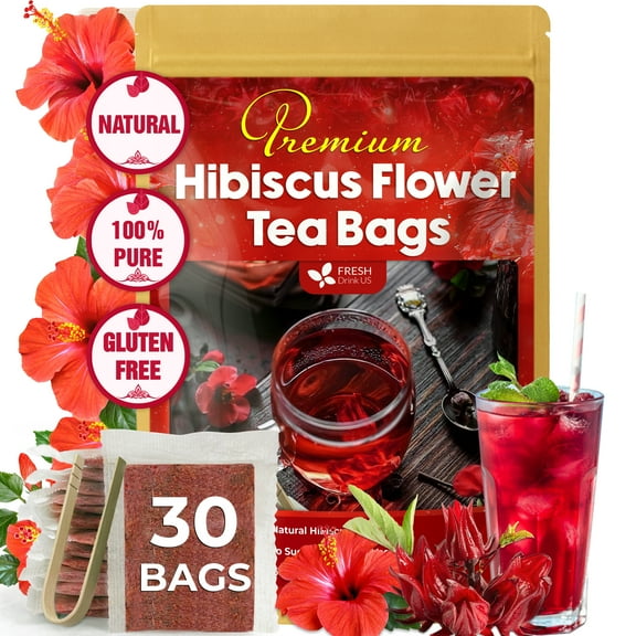 FreshDrinkUS, Premium 30 Hibiscus Tea Bags, 100% Natural & Pure, Loose Flower Herbal Tea, No Sugar, Caffeine, Gluten, Vegan