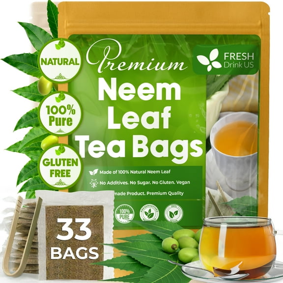 FreshDrinkUS, Premium 33 Neem Leaf Tea Bags, 100% Natural and Pure from Neem Leaves. Loose Leaf Neem Herbal Tea. Neem Leaf Tea. No Sugar, No Caffeine, No Gluten, Vegan.