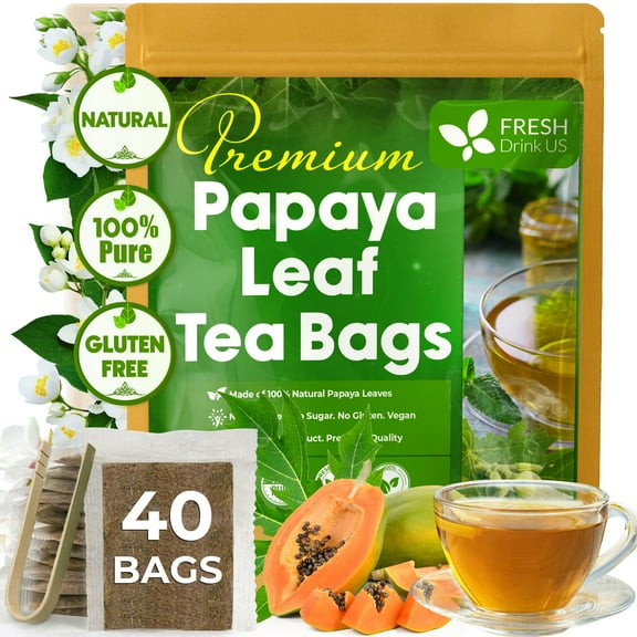 FreshDrinkUS, Premium 40 Papaya Leaf Tea Bags, 100% Natural & Pure from Papaya Leaves. Loose Leaf Papaya Herbal Tea. Made with Natural Material Tea Bags. No Sugar, No Caffeine, No Gluten, Vegan.