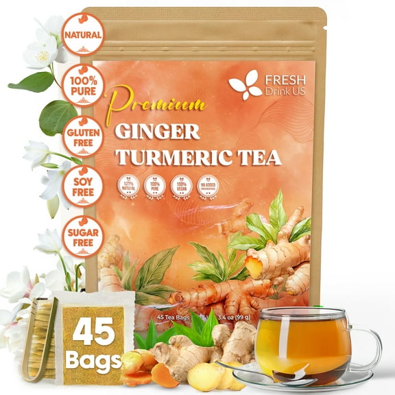 FreshDrinkUS, Premium 45 Ginger Turmeric Tea Bags, 100% Natural Ingredients, Hand-made Blend of Ginger and Turmeric Herbal Tea, Eco-conscious Tea Bags. No Sugar, No Caffeine, No Gluten, Vegan.