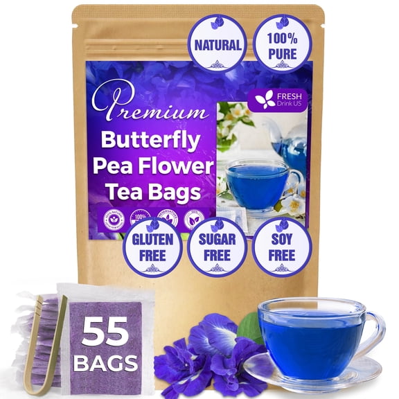 FreshDrinkUS, Premium 55 Butterfly Pea Tea Bags, 100% Natural and Pure from Butterfly Pea Flowers, Hand-made, Made With Natural Materials-Corn Fiber Tea Bag, Sugar/Caffeine/Gluten Free, Vegan