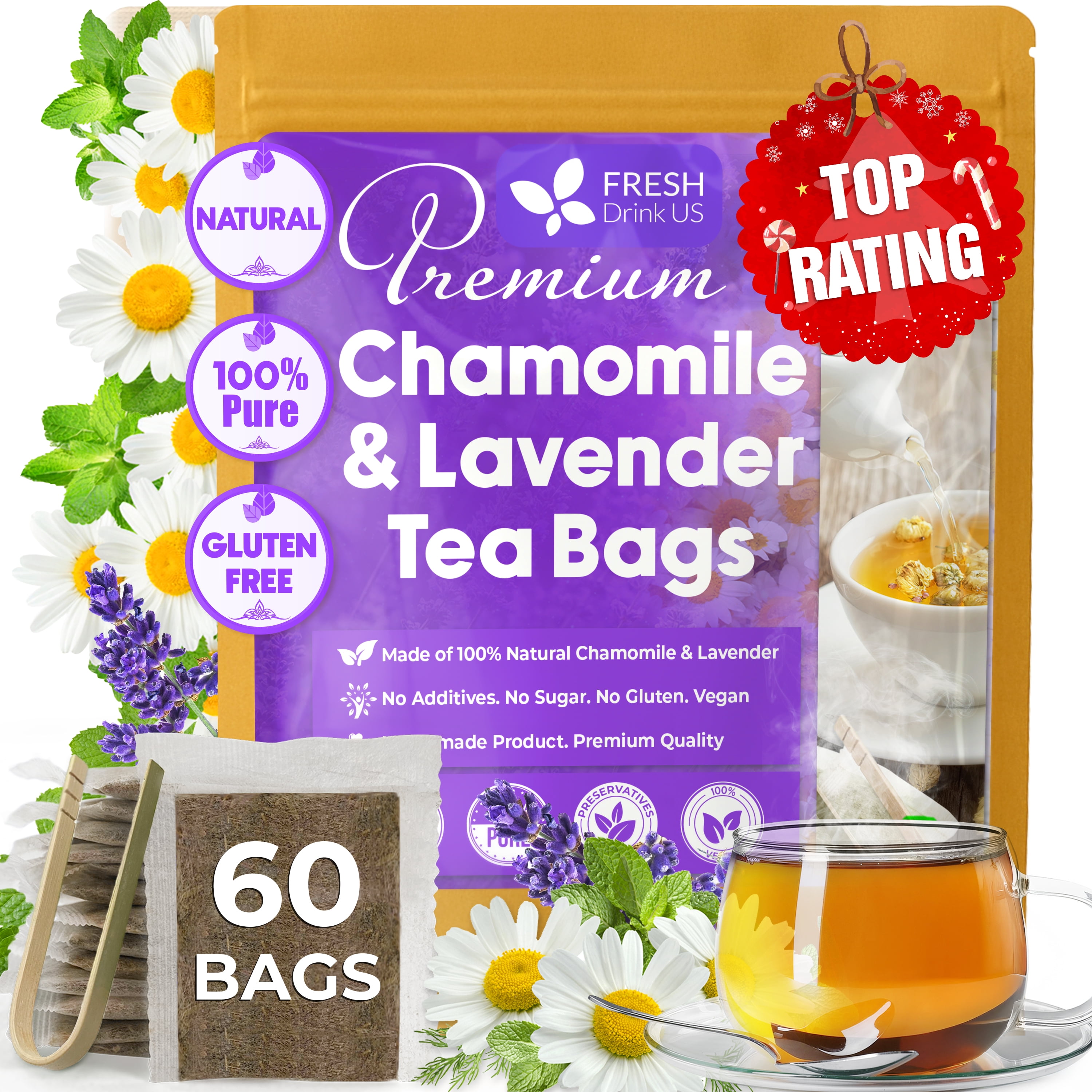 FreshDrinkUS, Premium 60 Chamomile Lavender Tea Bags, 100% Natural Herbal Ingredients, Hand-made Blend of Chamomile Lavender Flowers, Eco-conscious Tea Bags. No Sugar, No Caffeine, No Gluten, Vegan.
