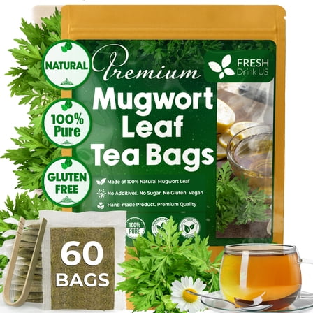 FreshDrinkUS, Premium 60 Mugwort Leaf Tea Bags, 100% Natural and Pure Mugwort Leaves. Loose Leaf Mugwort Herbal Tea. Mugwort Leaf Tea. No Sugar, No Caffeine, No Gluten, Vegan.