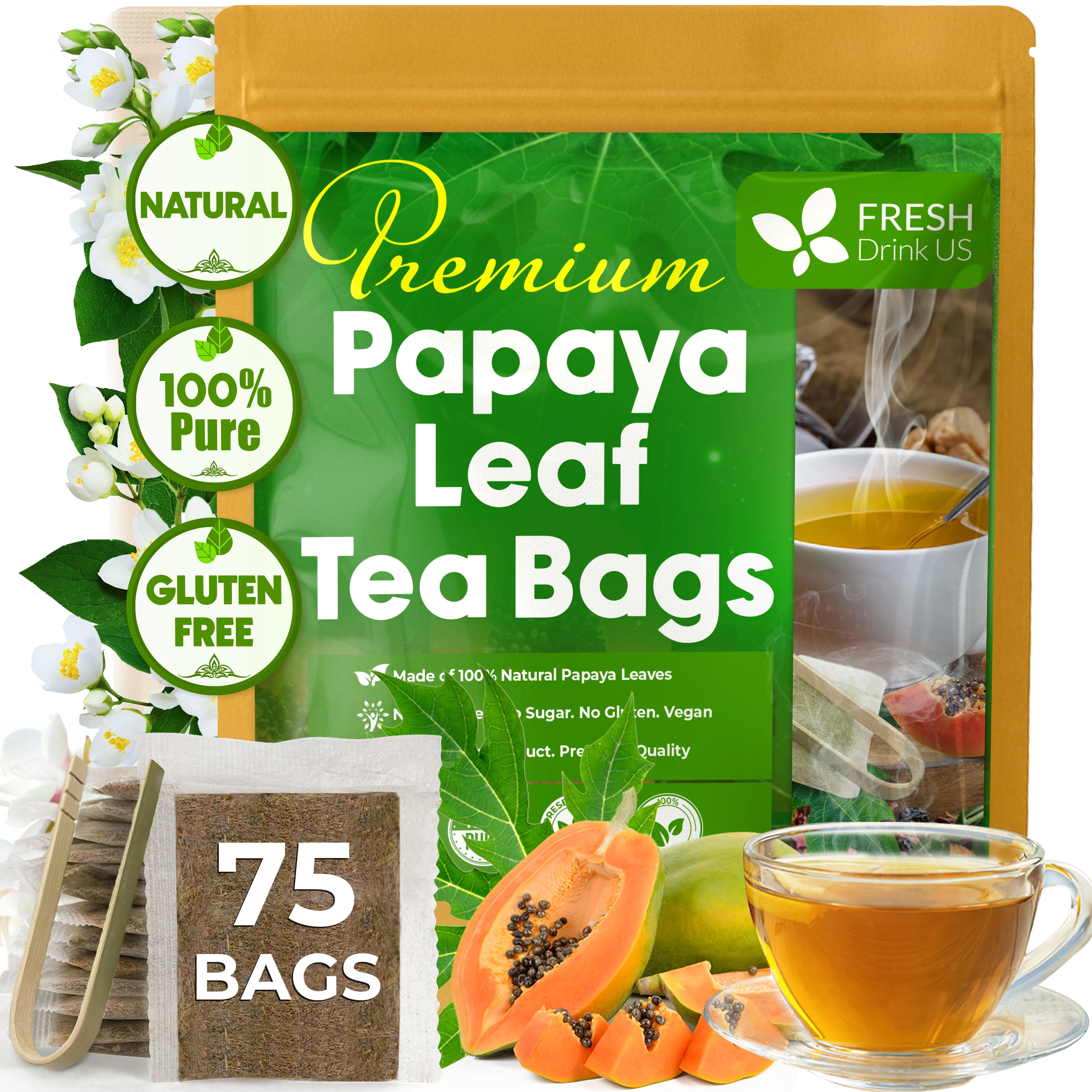 FreshDrinkUS, Premium 75 Papaya Leaf Tea Bags, 100% Natural & Pure from Papaya Leaves. Loose Leaf Papaya Herbal Tea. Made with Natural Material Tea Bags. No Sugar, No Caffeine, No Gluten, Vegan.