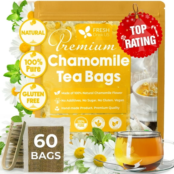 FreshDrinkUs, Premium 60 Chamomile Tea Bags, 100% Natural and Pure Chamomile Flowers, Eco-conscious Tea Bags. Chamomile Flower Herbal Tea. No Sugar, No Caffeine, No Gluten, Vegan.