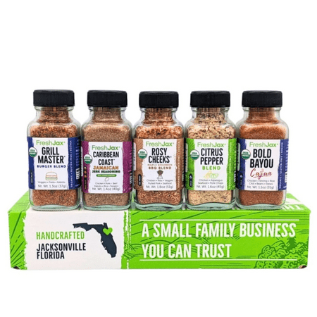 FreshJax Barbecue Seasoning Gift Set | 5 Organic BBQ Spices and Seasonings | Grilling Gifts for Men | Grill Master, Jamaican Jerk, Maple Bourbon, Citrus Pepper, Cajun Seasoning | BBQ Seasoning