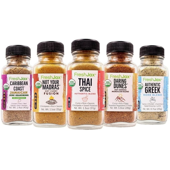 FreshJax International Seasoning Gift Set | Pack of 5 Organic Premium Global Spices and Seasonings | Jamaican Jerk, Greek Herb, Hot Curry, Thai Spice, Hot Moroccan Blend - World of Flavors Gift Set