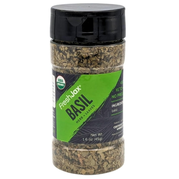 FreshJax Organic Basil Leaves (1.6 oz BPA-FREE Bottle) Non GMO, Gluten Free, Kosher, Keto, Paleo, No Preservatives Dried Basil Leaves | Handcrafted in Handcrafted in Jacksonville
