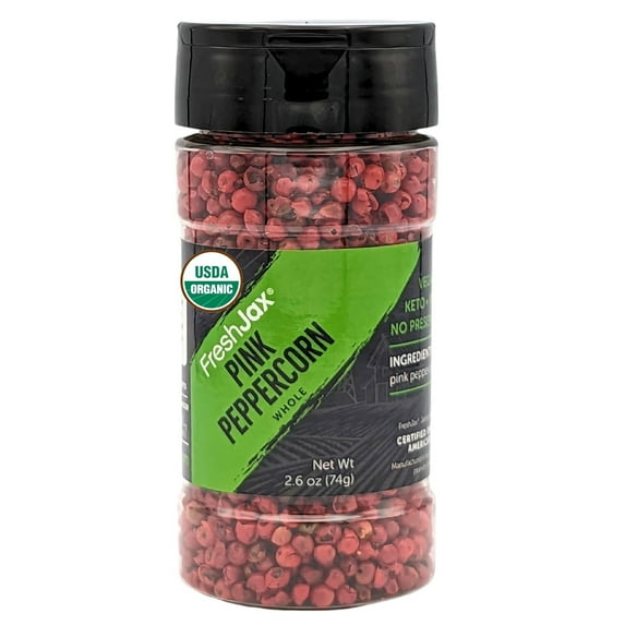 FreshJax Organic Pink Peppercorns Whole (2.6 oz Bottle) Non GMO, Gluten Free, Keto, Paleo, No Preservatives Spices | Handcrafted in Jacksonville, Florida