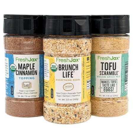 FreshJax Organic Vegan Seasoning - Brunch Trio | 3 Large Bottles | Brunch Life Everything Bagel, Tofu Scramble Mix and Maple Cinnamon | Handcrafted in Jacksonville