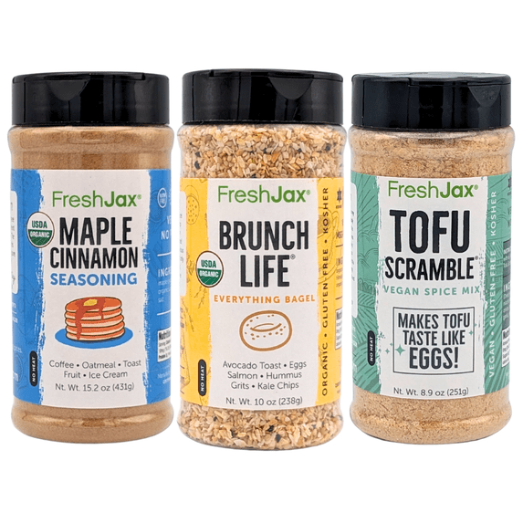 FreshJax Organic Vegan Seasoning - Brunch Trio | 3 X-Large Bottles | Brunch Life Everything Bagel, Tofu Scramble Mix and Maple Cinnamon | Handcrafted in Jacksonville