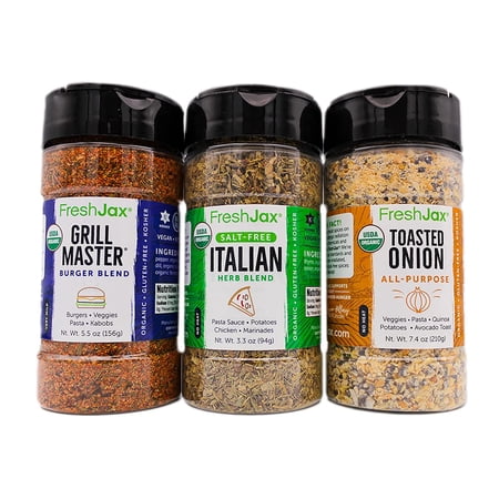 FreshJax Organic Vegetable Seasoning Gift Set | 3 Large Bottles | Grill Master Burger Blend, Italian Herb Blend, Toasted Onion All Purpose | Handcrafted in Jacksonville