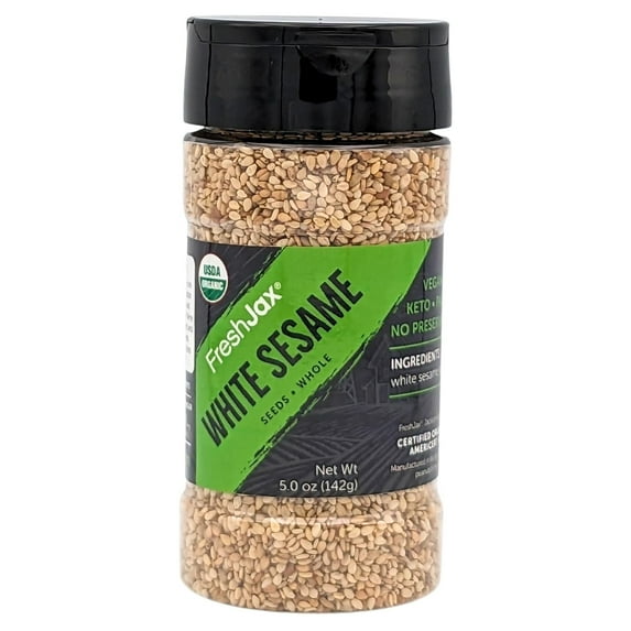 FreshJax Organic White Sesame Seeds (5.0 oz Large Bottle) Non GMO, Gluten Free, Keto, Paleo, No Preservatives, Certified Organic Sesame Seeds | Handcrafted in Jacksonville, Florida