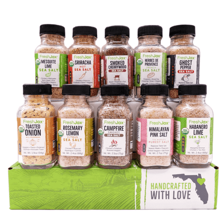 FreshJax Organic Spices | 10 Seasoned Sea Salt Seasoning Starter Pack | Sampler Sized Bottles | Non GMO, Keto, Paleo, No Preservatives, Gluten Free Spices | Handcrafted in Jacksonville