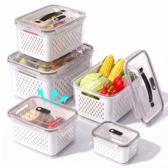 Glazina Fruit Storage Containers for Fridge with Handle Lid Removable Colanders, 6.38L Total, 5 Pack
