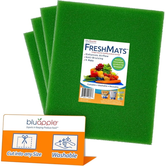 FreshMats - Refrirator Bin Liners, Frid Drawer Mats - Keeps Produce Fresh Lonr, Prevents Bruising, Promotes Air Circulation - BPA-Free Polyurethane Foam - (4-Piece Set, 12"x15", Green)