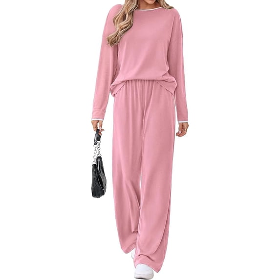 FreshPretty 2 Piece Matching Lounge Sets for Women Fall Outfits,Airport Travel Outfit,Postpartum Going Home,Cute Comfy Loungewear,Boat Neck Long Sleeve Top,Wide Leg Pants,Winter Clothes