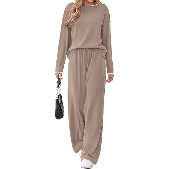 FreshPretty 2 Piece Matching Lounge Sets for Women Fall Outfits,Airport Travel Outfit,Postpartum Going Home,Cute Comfy Loungewear,Boat Neck Long Sleeve Top,Wide Leg Pants,Winter Clothes