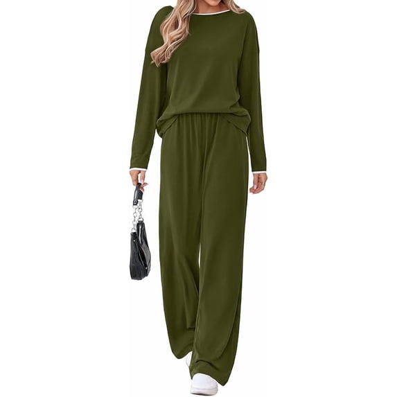 FreshPretty 2 Piece Matching Lounge Sets for Women Fall Outfits,Airport Travel Outfit,Postpartum Going Home,Cute Comfy Loungewear,Boat Neck Long Sleeve Top,Wide Leg Pants,Winter Clothes