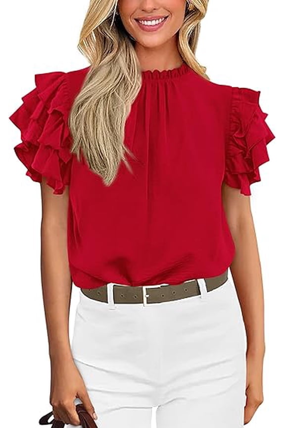 Blouses for Women Dressy Casual Spring Summer Ruffle Short Sleeve Mock Neck Work Shirts Tops Fashion Clothing