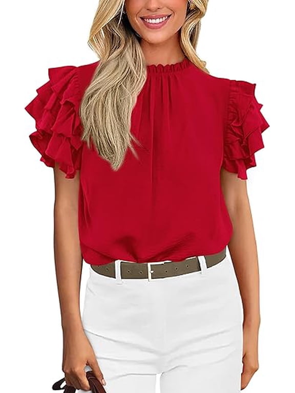 Blouses for Women Dressy Casual Spring Summer Ruffle Short Sleeve Mock Neck Work Shirts Tops Fashion Clothing