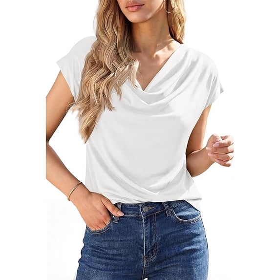 FreshPretty Blouses for Women Dressy Casual Spring Summer Tops Cowl Neck Short Sleeve Shirts Work Office Business Outfits