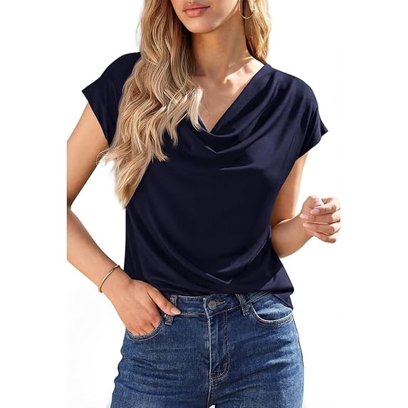 FreshPretty Blouses for Women Dressy Casual Spring Summer Tops Cowl Neck Short Sleeve Shirts Work Office Business Outfits